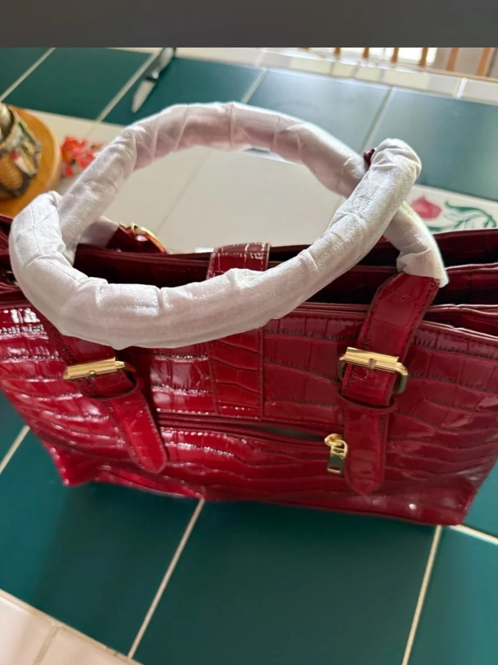 Structured Croc-Embossed Shoulder Bag in Deep Wine